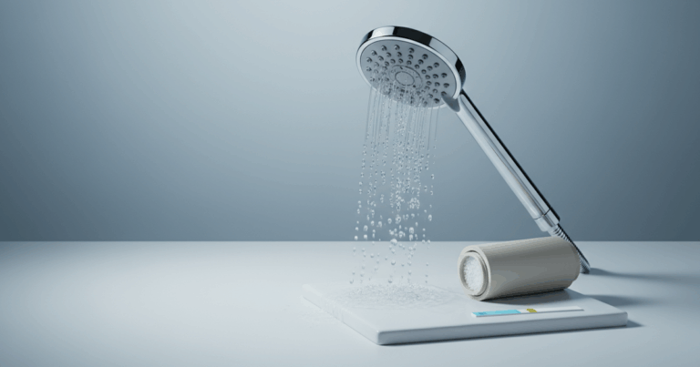 Minimalistisches Studiofoto eines Duschkopfs mit fließendem Wasser, daneben eine geöffnete Filterkartusche und eine nasse Keramikfliese als Hinweis auf Kalk und Chlor.
