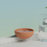 Terrakotta-Verdunster am Heizkörper mit Glaskaraffe und Zimmerpflanze, minimalistisches Studio, weiches Seitenlicht.