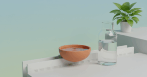 Terrakotta-Verdunster am Heizkörper mit Glaskaraffe und Zimmerpflanze, minimalistisches Studio, weiches Seitenlicht.