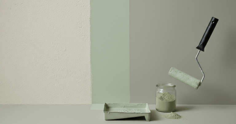 Farbroller trägt pastellgrüne natürliche Wandfarbe auf eine matte Kalkputzwand auf; daneben Malerwanne und offenes Pigmentglas im minimalistischen Studio.