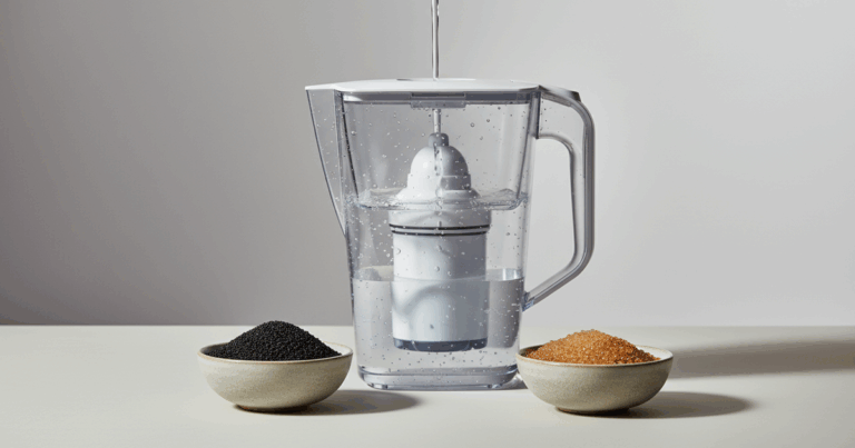 Minimalistisches Studio-Stillleben: Wasserfilter-Kanne filtert Leitungswasser, daneben Keramikschalen mit Aktivkohlegranulat und Ionenaustauscherharz.