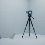 Studio-Stillleben: Wärmebildkamera scannt kalte Raumecke, Kalziumsilikatplatte und Glättkelle deuten Sanierung an.