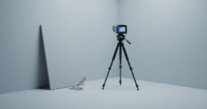 Studio-Stillleben: Wärmebildkamera scannt kalte Raumecke, Kalziumsilikatplatte und Glättkelle deuten Sanierung an.