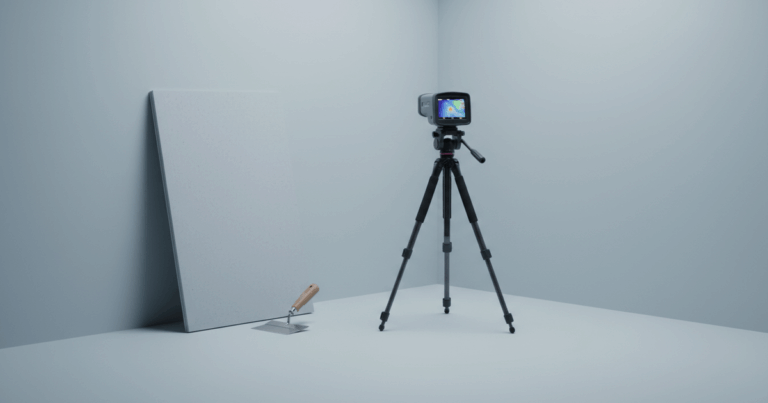 Studio-Stillleben: Wärmebildkamera scannt kalte Raumecke, Kalziumsilikatplatte und Glättkelle deuten Sanierung an.