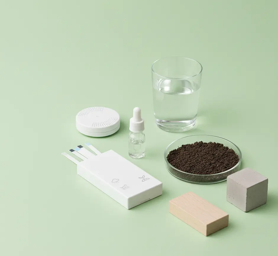 Baustoffe, Wasser und Erde neben einem Instrument zum auswerten von Teststreifen