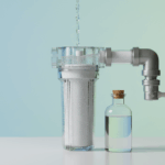 Transparenter Inline-Sedimentfilter in Regenwasserleitung, Wasser strömt sanft; daneben Absperrhahn und leere Glas-Probenflasche, minimalistisches Studio