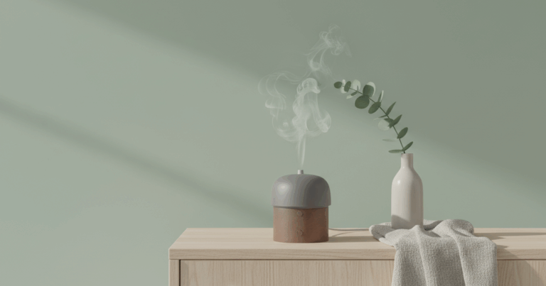 Minimalistischer Aromadiffusor verströmt Dampf auf Sideboard, Keramikvase und Leinentuch, weiches Studiolicht