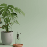 Minimalistisches Studio-Stillleben: Monstera im Keramiktopf wird mit Metall-Gießkanne gegossen; Sprühflasche und Untersetzer als Funktionshinweis.